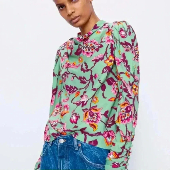 ZARA Vintage Style Draped ruched Long Sleeve Top With Floral Print Green Large - Picture 1 of 13